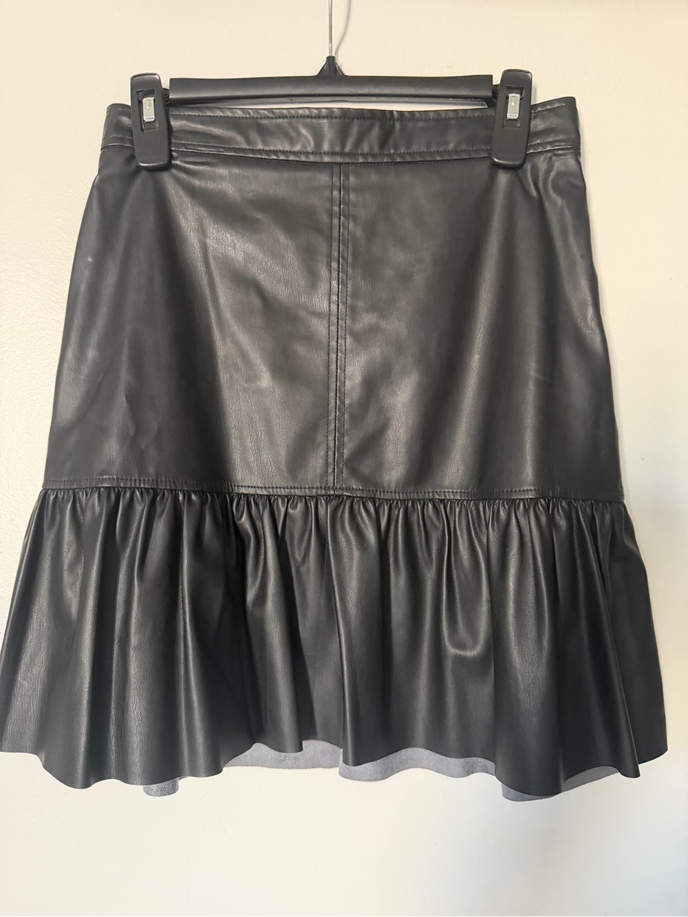 New H&M Black Faux Leather Mini Skirt with Ruffled Hem